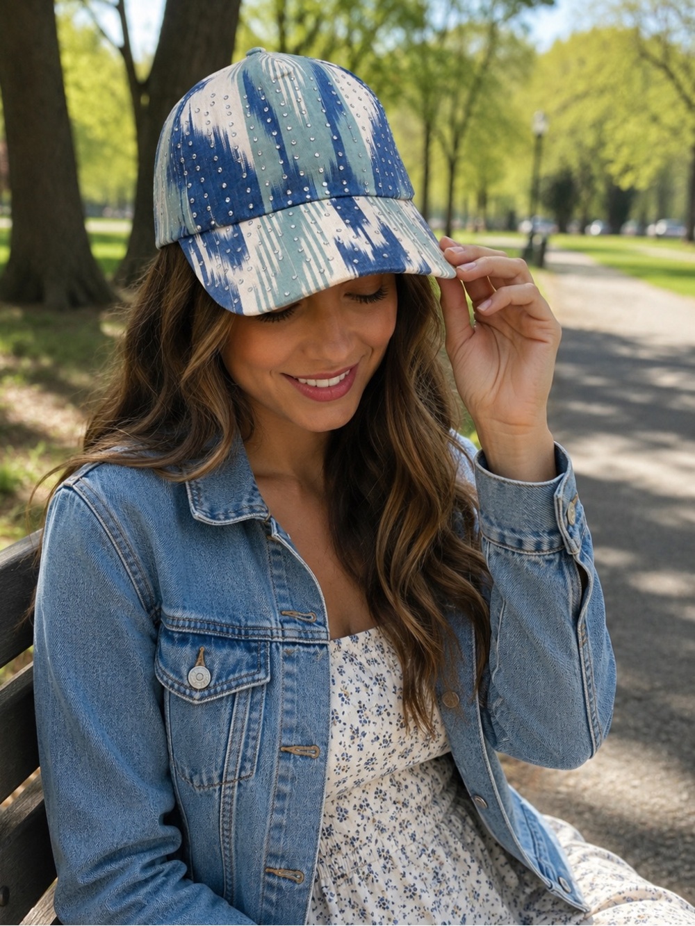 Handmade Bling Cap with Crystal Accents on Ikat-style Denim Blue and Cream Hat